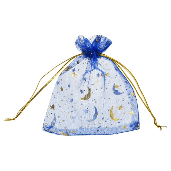 Uxcell Organza Bags, Sheer Moon Star Mesh Bags Drawstring Gift Bags Bulk Party Favor Bag Jewelry Pouches Bright Blue-Gold 3.5" x 5"