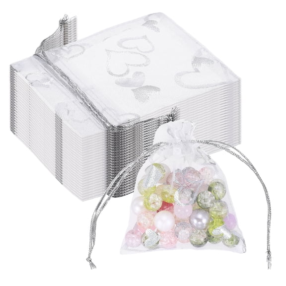Uxcell Organza Jewelry Gift Pouch, ( 3.5 x 2.7 Inch, White) (150 Pcs) Silver Heart Drawstring Mesh Candy Pouch Mini Wedding Favor Bags for Christmas Party Wedding Festival