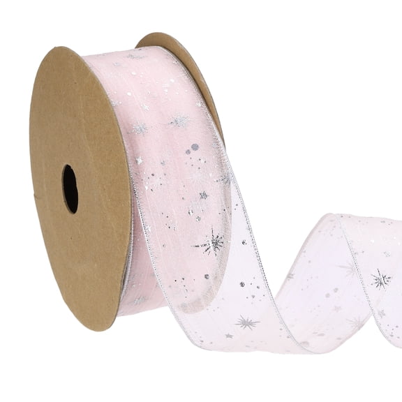 Uxcell Organza Star Ribbons Wired Christmas Tree Print Glitter Ribbon Light Pink 1.6 in