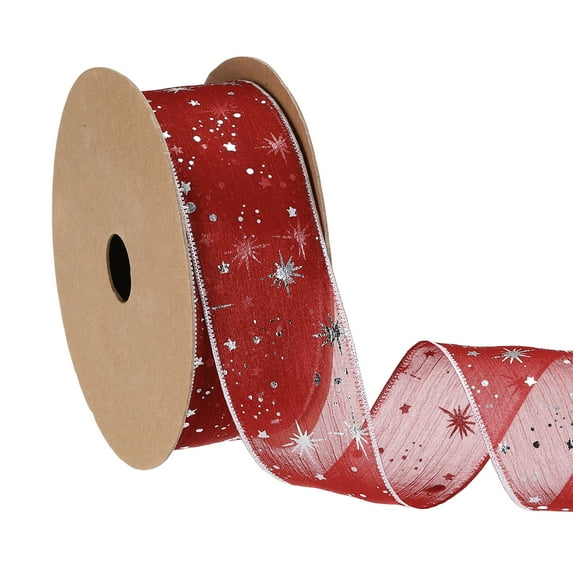 Uxcell Organza Star Ribbons Wired Christmas Tree Print Glitter Ribbon Red 1.6 in