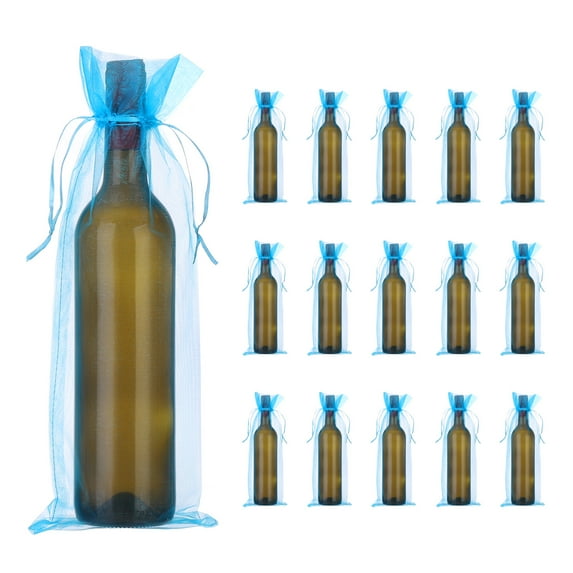 Uxcell Organza Wine Bags, Gift Wrap Bags Sheer Mesh Wine Bottle Bag Drawstring Pouches for Party Favors Lake Blue
