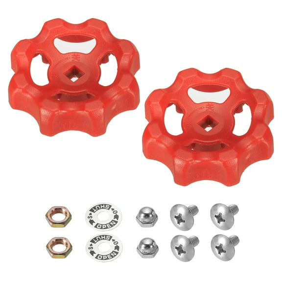 Uxcell Outside Faucet Handle Square Stem Hole 6x6mm, ABS Round Wheel Faucet Handles with Screws Spacer, Red 2Pcs