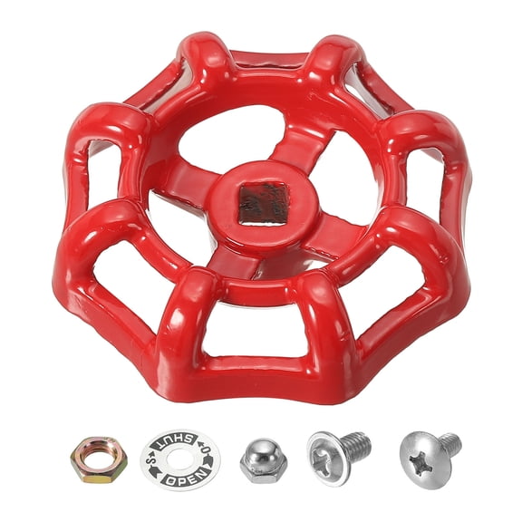 Uxcell Outside Faucet Handle Square Stem Hole 6x6mm, Cast Steel Faucet Wheel Handle with Screws Spacer, Red