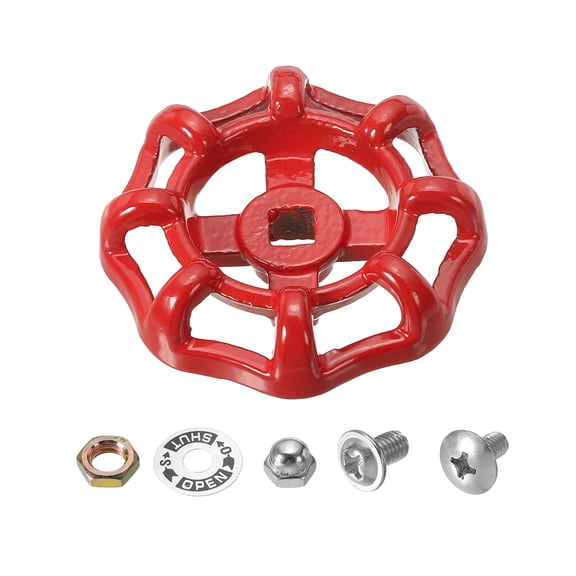 Uxcell Outside Faucet Handle Square Stem Hole 7x7mm, Cast Steel Faucet Wheel Handle Replacement with Screws Spacer, Red