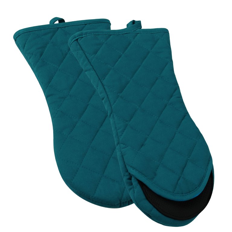 Uxcell Canvas Oven Mitts Non-Slip Heat Resistant Kitchen Baking Cooking  Gloves Teal Blue 1 Pair