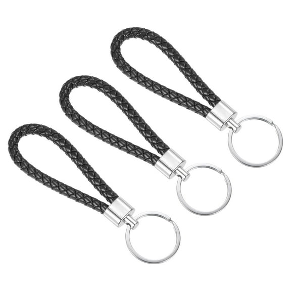 Uxcell PU Keyring Woven Lanyard Straps Braided Leather Keychain, Black 3 Pack