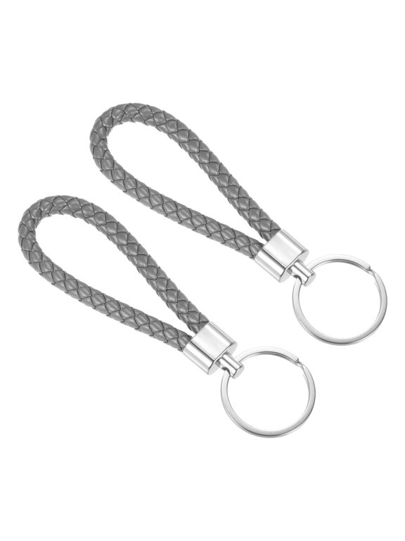 PU Keyring Woven Lanyard Straps Braided Leather Keychain, Gray 2 Pack