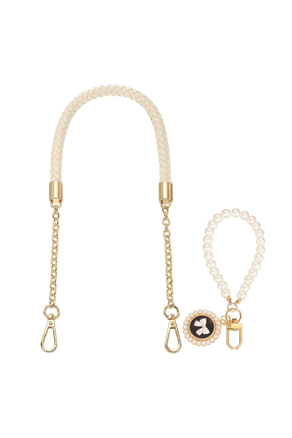 PU Leather Chain Purse Strap, 24.4 Inch Braided Purse Handle Replacement with Pearl Pendant for Handbags Underarm Bag Tote (Beige, Light Gold Buckle)