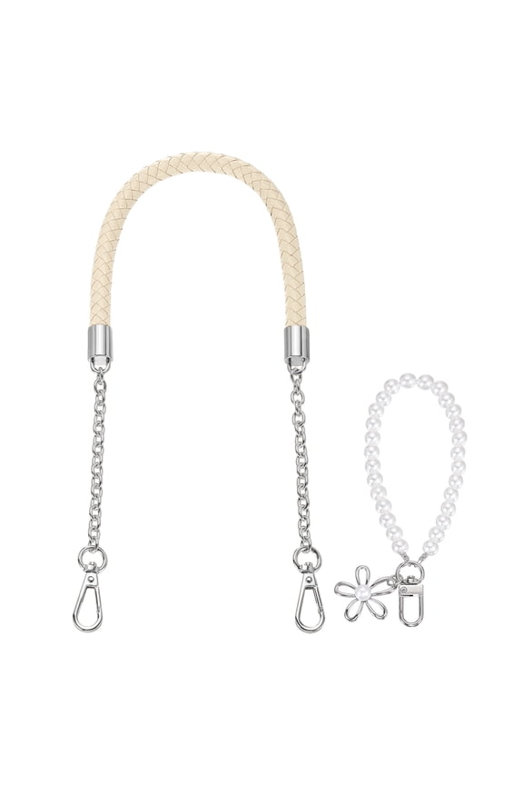 PU Leather Chain Purse Strap, 24.4 Inch Braided Purse Handle Replacement with Pearl Pendant for Handbags Underarm Bag Tote (Beige, Silver Buckle)