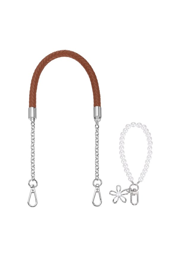 PU Leather Chain Purse Strap, 24.4 Inch Braided Purse Handle Replacement with Pearl Pendant for Handbags Underarm Bag Tote (Brown, Silver Buckle)