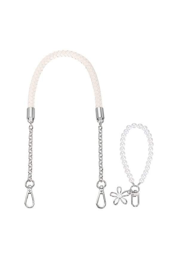 PU Leather Chain Purse Strap, 24.4 Inch Braided Purse Handle Replacement with Pearl Pendant for Handbags Underarm Bag Tote (Cream, Silver Buckle)