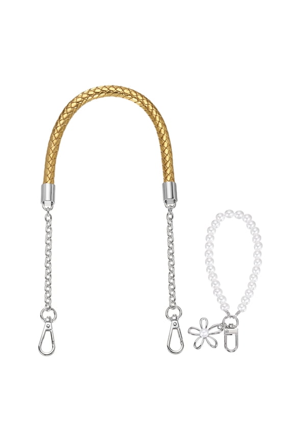 PU Leather Chain Purse Strap, 24.4 Inch Braided Purse Handle Replacement with Pearl Pendant for Handbags Underarm Bag Tote (Gold, Silver Buckle)