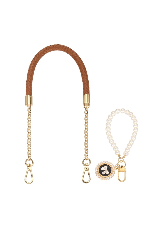 PU Leather Chain Purse Strap, 24.4 Inch Braided Purse Handle Replacement with Pearl Pendant for Handbags Underarm Bag Tote (Light Brown, Light Gold Buckle)