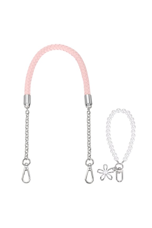 PU Leather Chain Purse Strap, 24.4 Inch Braided Purse Handle Replacement with Pearl Pendant for Handbags Underarm Bag Tote (Light Pink, Silver Buckle)