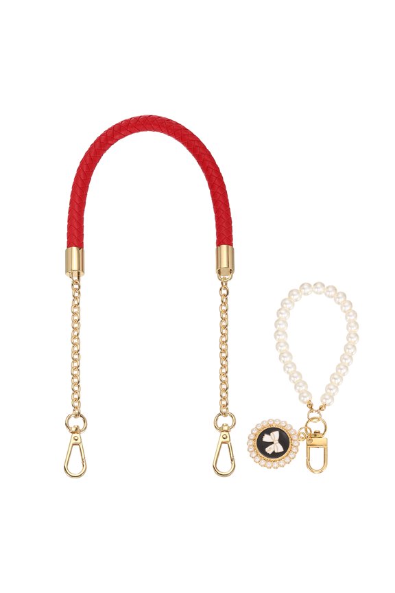 PU Leather Chain Purse Strap, 24.4 Inch Braided Purse Handle Replacement with Pearl Pendant for Handbags Underarm Bag Tote (Red, Light Gold Buckle)