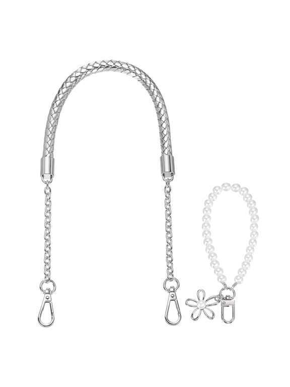 PU Leather Chain Purse Strap, 24.4 Inch Braided Purse Handle Replacement with Pearl Pendant for Handbags Underarm Bag Tote (Silver, Silver Buckle)
