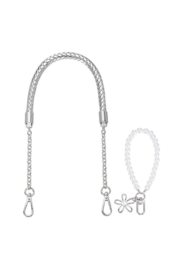 PU Leather Chain Purse Strap, 24.4 Inch Braided Purse Handle Replacement with Pearl Pendant for Handbags Underarm Bag Tote (Silver, Silver Buckle)