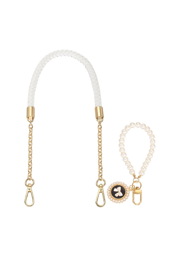 PU Leather Chain Purse Strap, 24.4 Inch Braided Purse Handle Replacement with Pearl Pendant for Handbags Underarm Bag Tote (White, Light Gold Buckle)