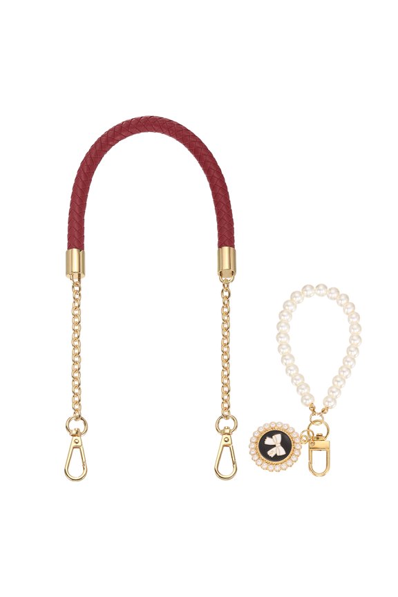 PU Leather Chain Purse Strap, 24.4 Inch Braided Purse Handle Replacement with Pearl Pendant for Handbags Underarm Bag Tote (Wine Red, Light Gold Buckle)