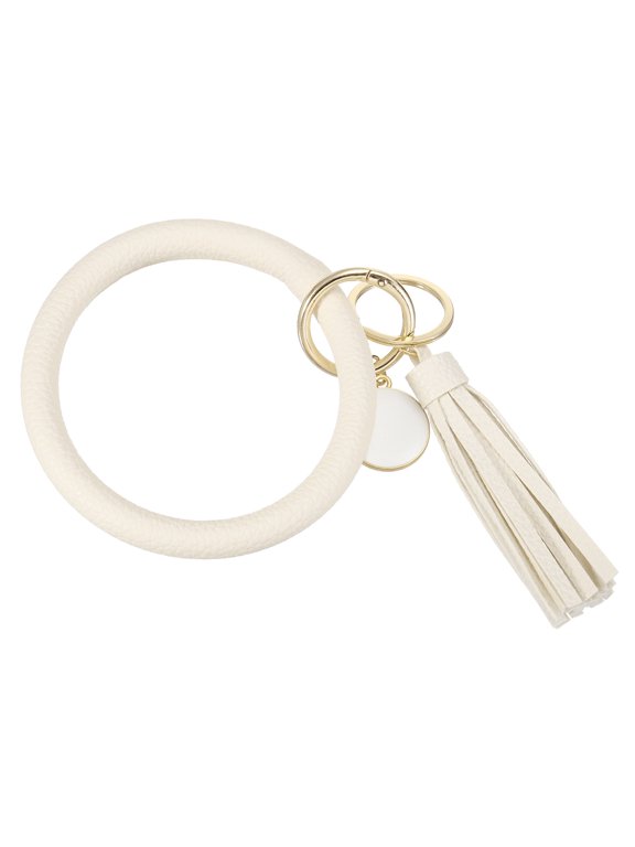 PU Leather Circle Wristlet Keychain, Tassel with Pendant Round Bangle Keyring Bracelet Wristlet Holder Keychains for Women Car Key Accessories- 1 PCS (Beige)