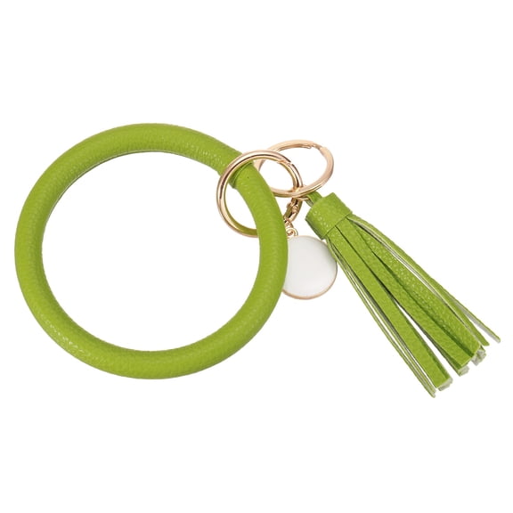 Uxcell PU Leather Circle Wristlet Keychain, Tassel with Pendant Round Bangle Keyring Bracelet Wristlet Holder Keychains for Women Car Key Accessories- 1 PCS (Green Yellow)