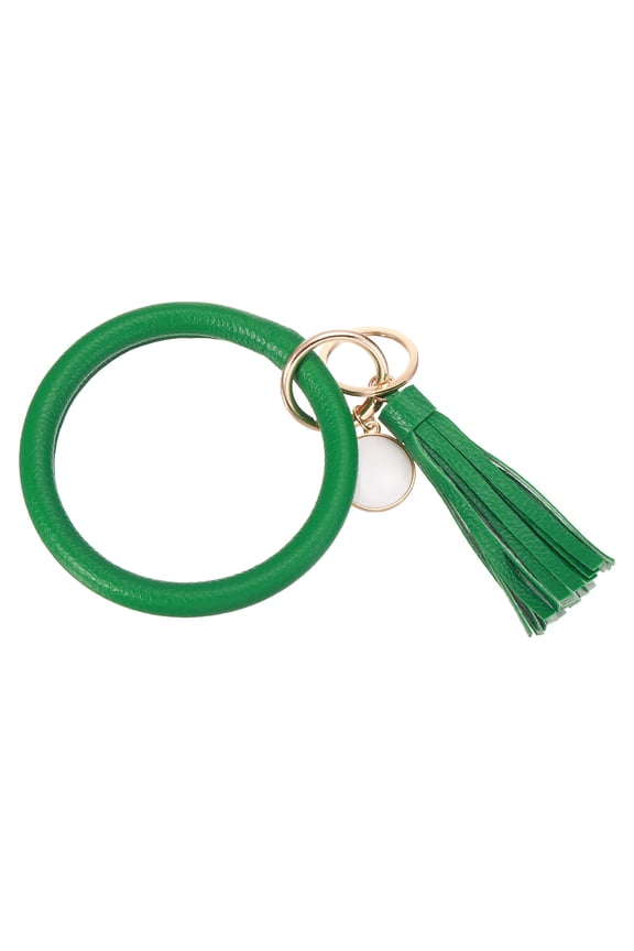 PU Leather Circle Wristlet Keychain, Tassel with Pendant Round Bangle Keyring Bracelet Wristlet Holder Keychains for Women Car Key Accessories- 1 PCS (Green)