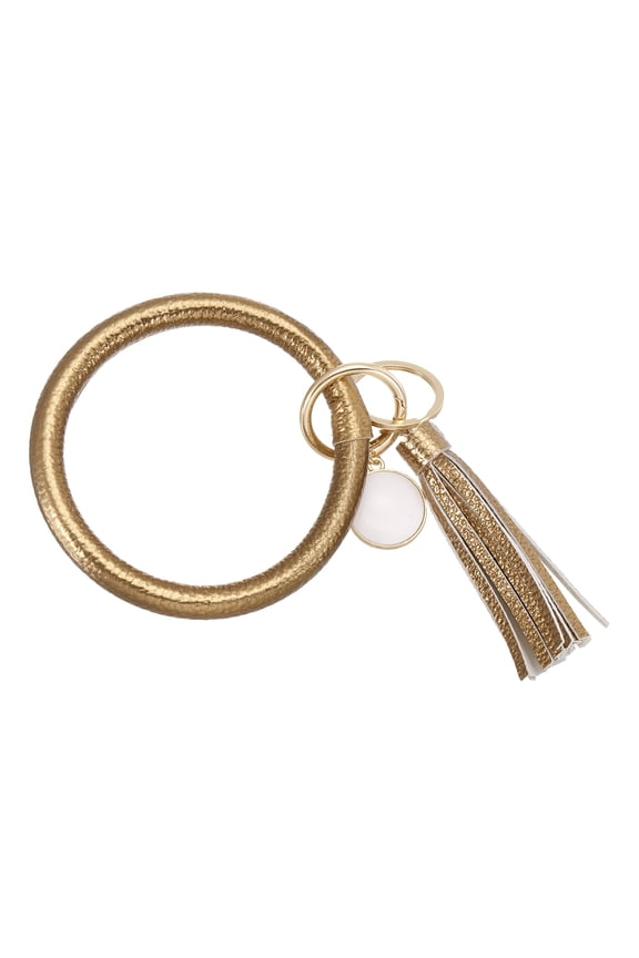 PU Leather Circle Wristlet Keychain, Tassel with Pendant Round Bangle Keyring Bracelet Wristlet Holder Keychains for Women Car Key Accessories- 1 PCS (Light Brown)