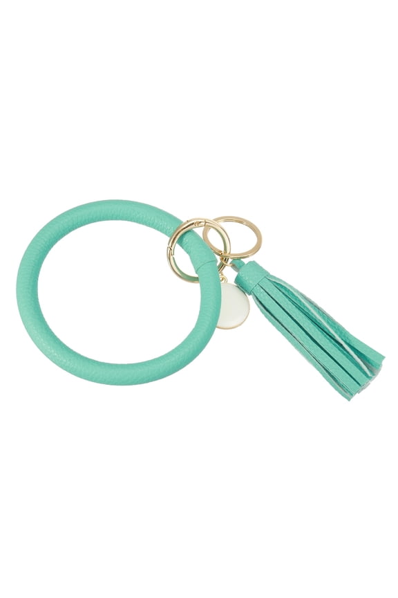 PU Leather Circle Wristlet Keychain, Tassel with Pendant Round Bangle Keyring Bracelet Wristlet Holder Keychains for Women Car Key Accessories- 1 PCS (Mint Green)