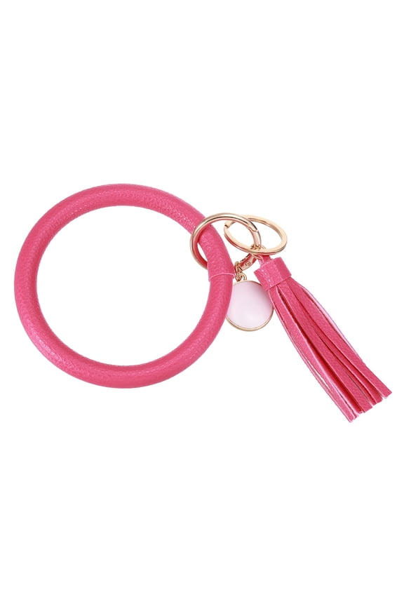 PU Leather Circle Wristlet Keychain, Tassel with Pendant Round Bangle Keyring Bracelet Wristlet Holder Keychains for Women Car Key Accessories- 1 PCS (Rose Red)