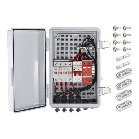 Uxcell PV Combiner Box, 4 String Metal Solar Combiner Box With15A Rated Current Fuse and 63A Circuit Breaker, White