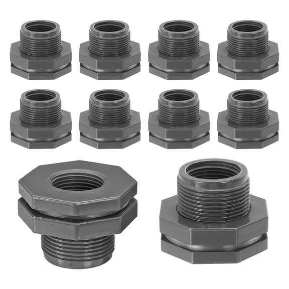 Uxcell Bulkhead Fitting 1" Female, 10Pcs Double Threaded Bulkhead Water Tank Connector with Silicone Seal Gasket for Rain Bucket, Sinks, Aquariums, Gray