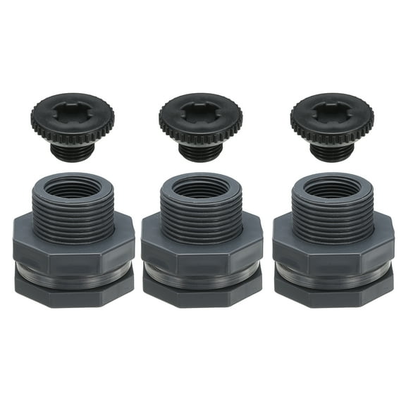 Uxcell Bulkhead Fitting with Plug G 3/4, 3 Pcs Double Threaded Bulkhead Water Tank Connector, Grey