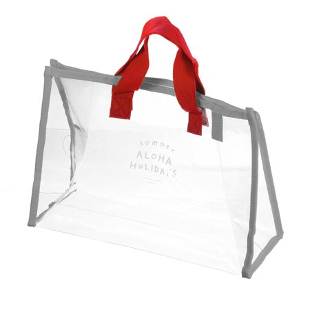 Uxcell PVC Clear Tote Beach Bag Travel Toiletry Pouch Organizer with Handle Strap, Red Grey