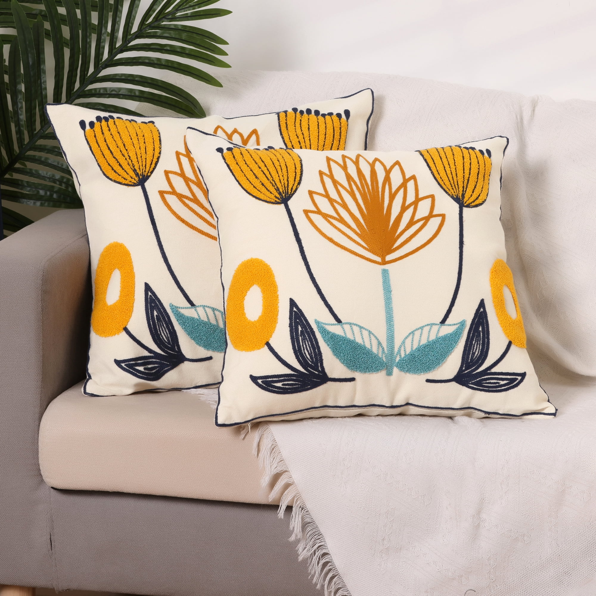 YIcabinet Set Of 2 Decorative Throw Pillow Covers – 18x18 Inch Embroidered Cotton Square Covers With Zipper