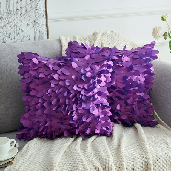 REGALWOVEN Pack of 2 Solid Color Throw Pillow Cover, 3D Sequins Leaf Cushion Covers for Indoor Outdoor Purple 18" x 18"