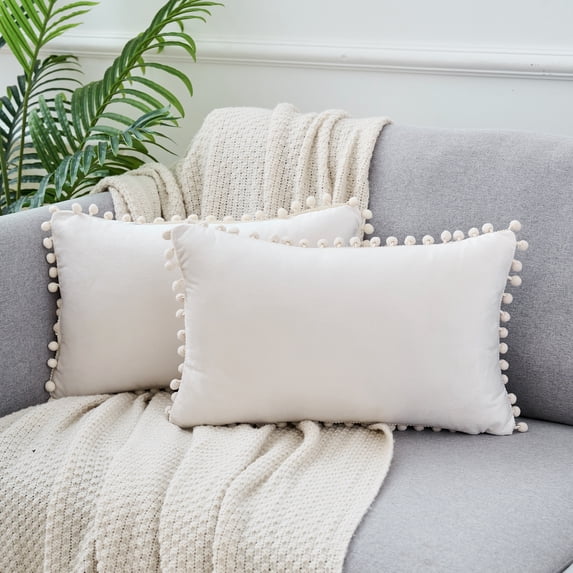 REGALWOVEN Pack of 2 Velvet Pillow Covers with Pompoms Decorative Pillow Cases Fringe Cushion Covers Beige 12" x 20"