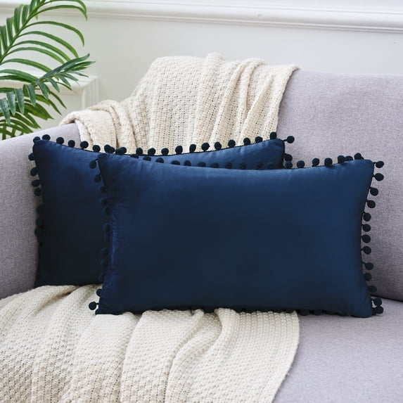 REGALWOVEN Pack of 2 Velvet Pillow Covers with Pompoms Decorative Pillow Cases Fringe Cushion Covers Dark Blue 12" x 20"
