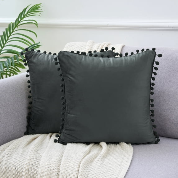 REGALWOVEN Pack of 2 Velvet Pillow Covers with Pompoms Decorative Pillow Cases Fringe Cushion Covers Dark Gray 16" x 16"