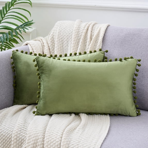 REGALWOVEN Pack of 2 Velvet Pillow Covers with Pompoms Decorative Pillow Cases Fringe Cushion Covers Green 12" x 20"