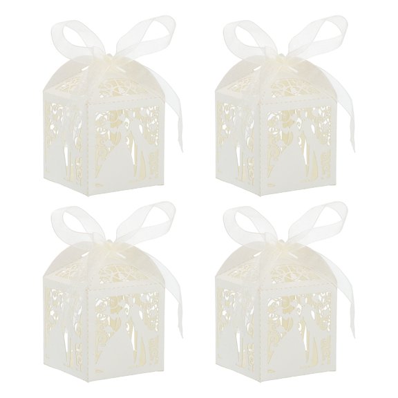 Uxcell Paper Hollow Laser Cut Favor Candy Boxes with Ribbon for Wedding, Milky White 25 Pack