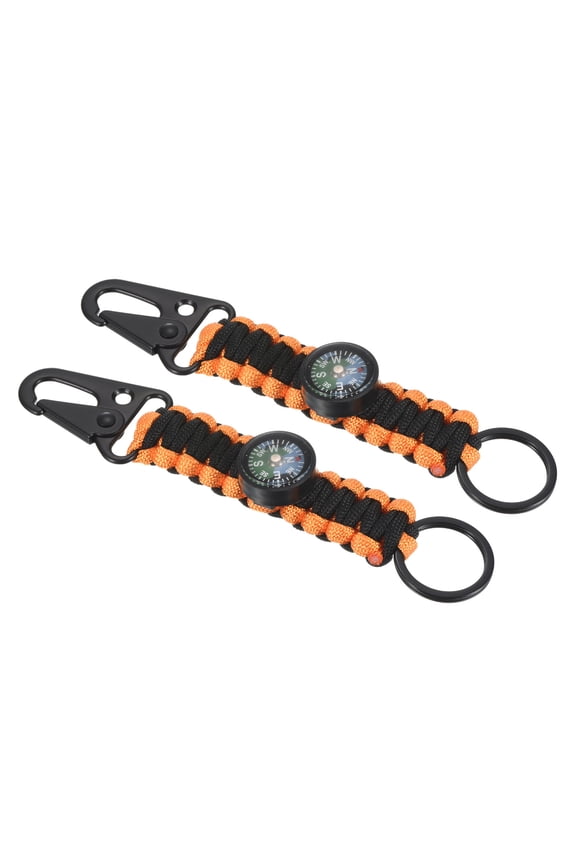 Paracord Keychain, 2 Pack Braided Lanyard Key Clip Holder Survival Keychains with Compass Orange, Black