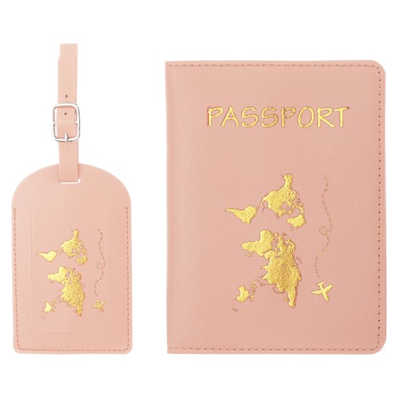 Uxcell Passport Cover Holder and Luggage Tag Set, PU Leather Suitcase Identifier, Pink