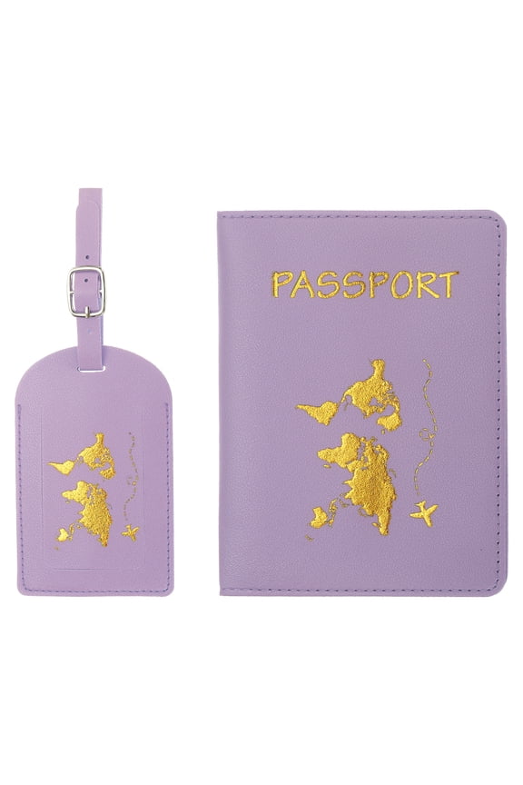 Passport Cover Holder and Luggage Tag Set, PU Leather Suitcase Identifier, Purple