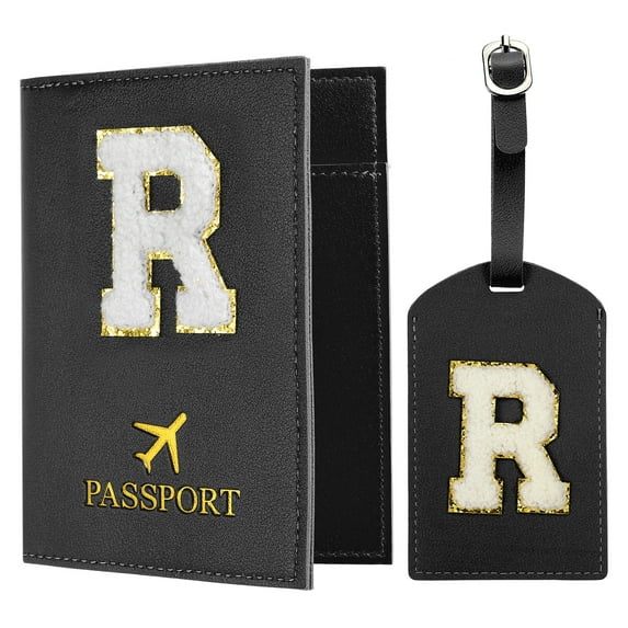 Uxcell Passport Holder for Travel, Initial Passport Cover and Luggage Tag Set with Alphabet Chenille Letter Patch Black R