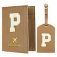 thumbnail image 1 of Uxcell Passport Holder for Travel, Initial Passport Cover and Luggage Tag Set with Alphabet Chenille Letter Patch Brown P, 1 of 7