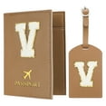 thumbnail image 1 of Uxcell Passport Holder for Travel, Initial Passport Cover and Luggage Tag Set with Alphabet Chenille Letter Patch Brown V, 1 of 7