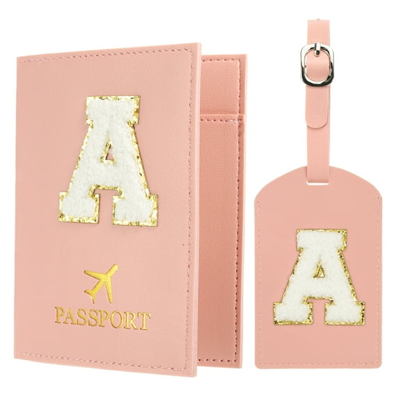 Uxcell Passport Holder for Travel, Initial Passport Cover and Luggage Tag Set with Alphabet Chenille Letter Patch Pink A