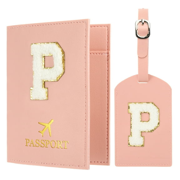 Uxcell Passport Holder for Travel, Initial Passport Cover and Luggage Tag Set with Alphabet Chenille Letter Patch Pink P