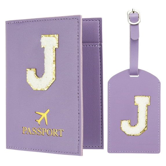 Uxcell Passport Holder for Travel, Initial Passport Cover and Luggage Tag Set with Alphabet Chenille Letter Patch Purple J