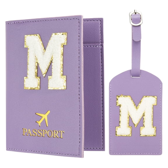 Uxcell Passport Holder for Travel, Initial Passport Cover and Luggage Tag Set with Alphabet Chenille Letter Patch Purple M